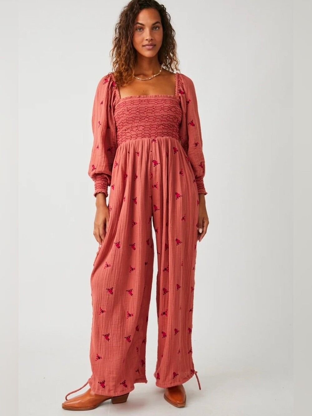 Free People Dahlia Embroidered Jumpsuit Warmstone Floral Smocked SZ L